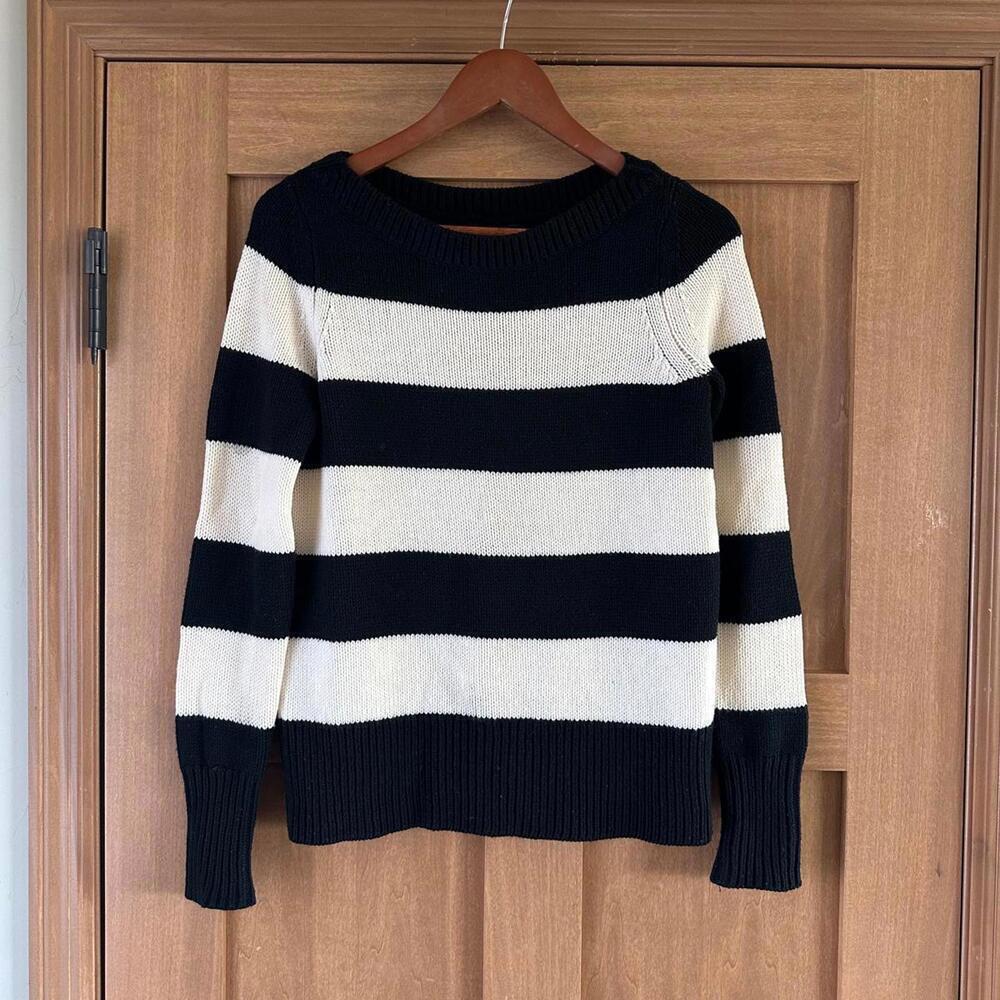 J. Crew 100% Merino Wool Black/ Cream Striped Crewneck Sweater Womens size Small